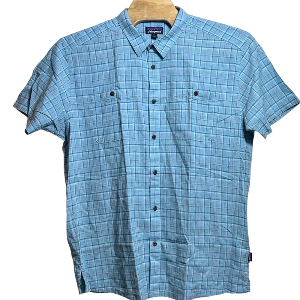 Patagonia Mens XXL Blue Plaid Hemp Organic Cotton Short Sleeve Shirt